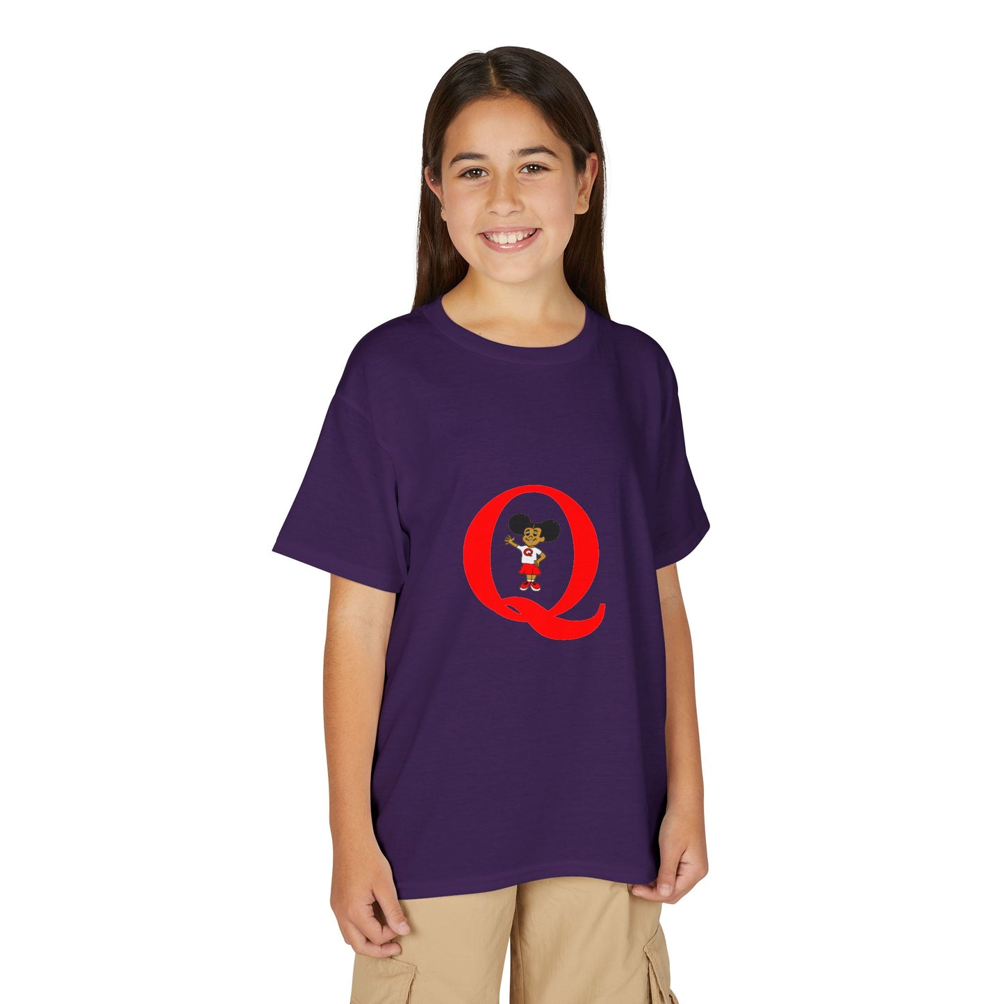 Youth T-Shirt — Red Letter "Q" with Cartoon Girl Graphic