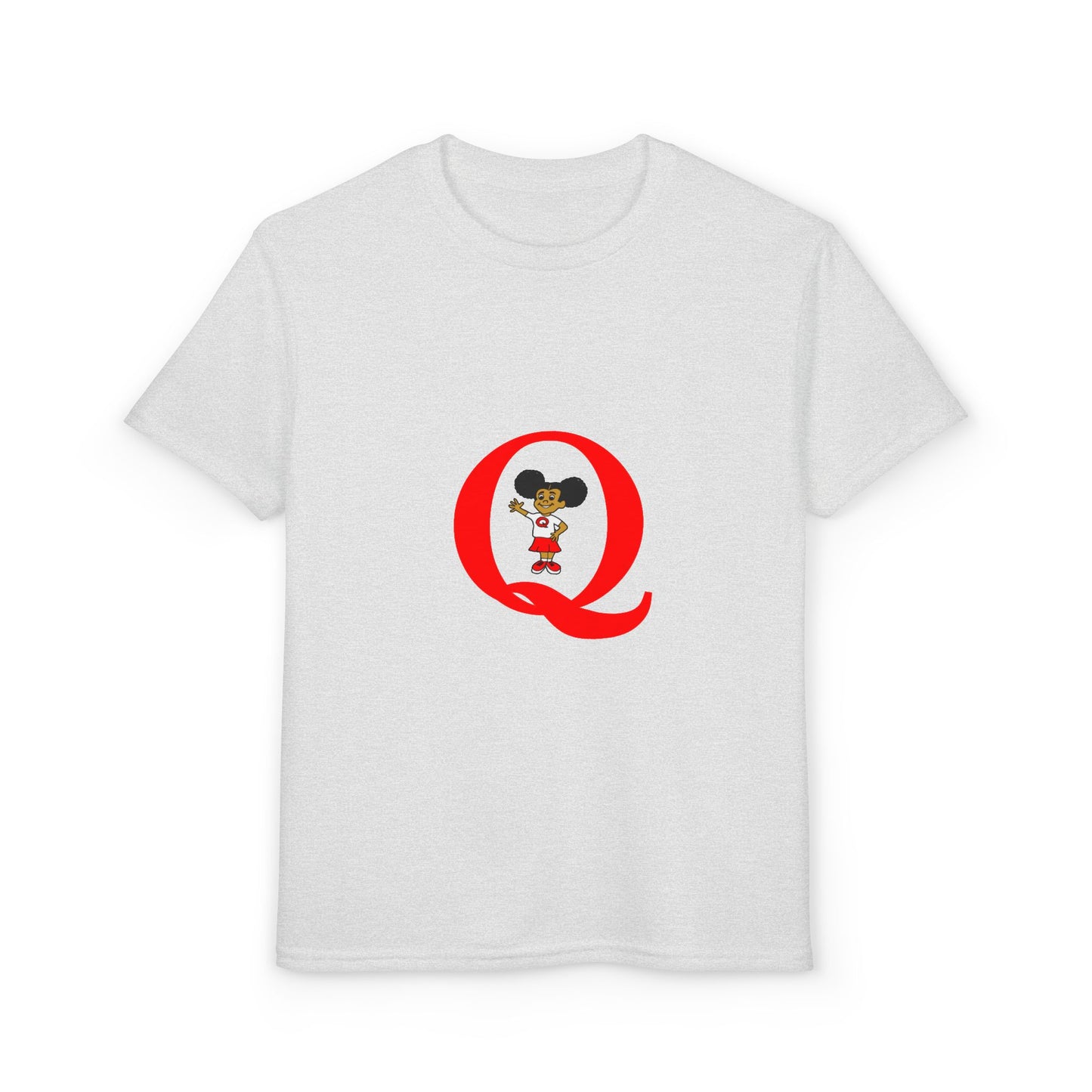 Youth T-Shirt — Red Letter "Q" with Cartoon Girl Graphic