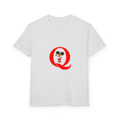 Youth T-Shirt — Red Letter "Q" with Cartoon Girl Graphic