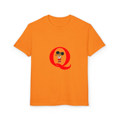 Youth T-Shirt — Red Letter "Q" with Cartoon Girl Graphic
