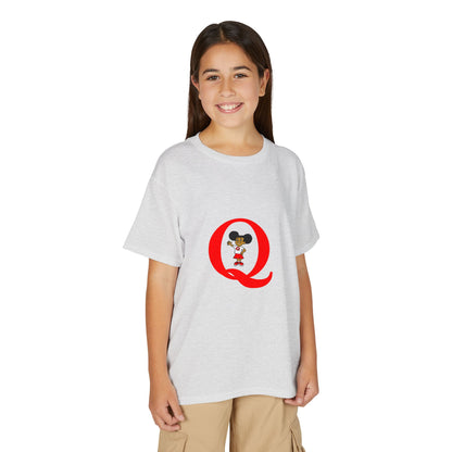 Youth T-Shirt — Red Letter "Q" with Cartoon Girl Graphic