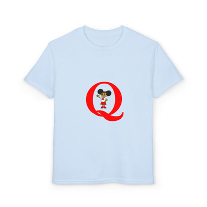 Youth T-Shirt — Red Letter "Q" with Cartoon Girl Graphic