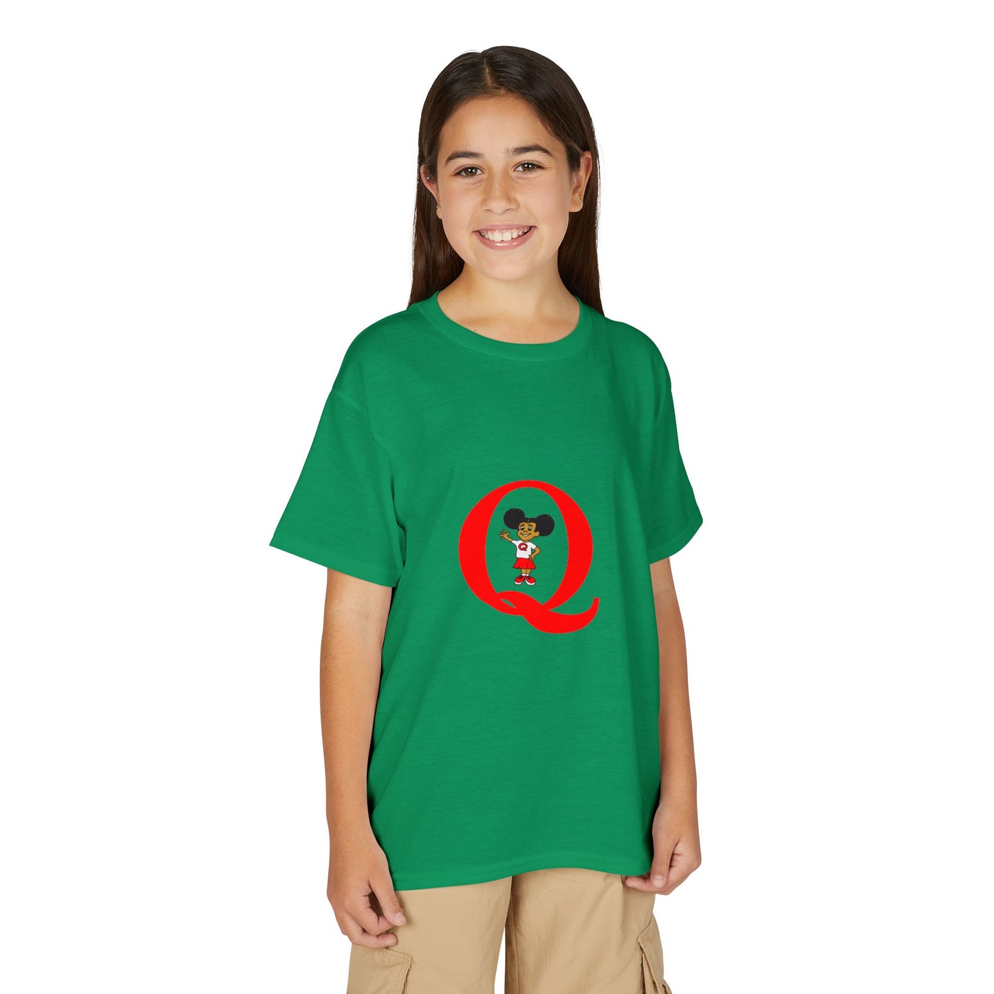 Youth T-Shirt — Red Letter "Q" with Cartoon Girl Graphic