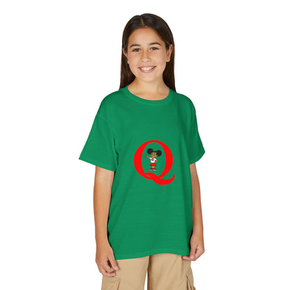 Youth T-Shirt — Red Letter "Q" with Cartoon Girl Graphic
