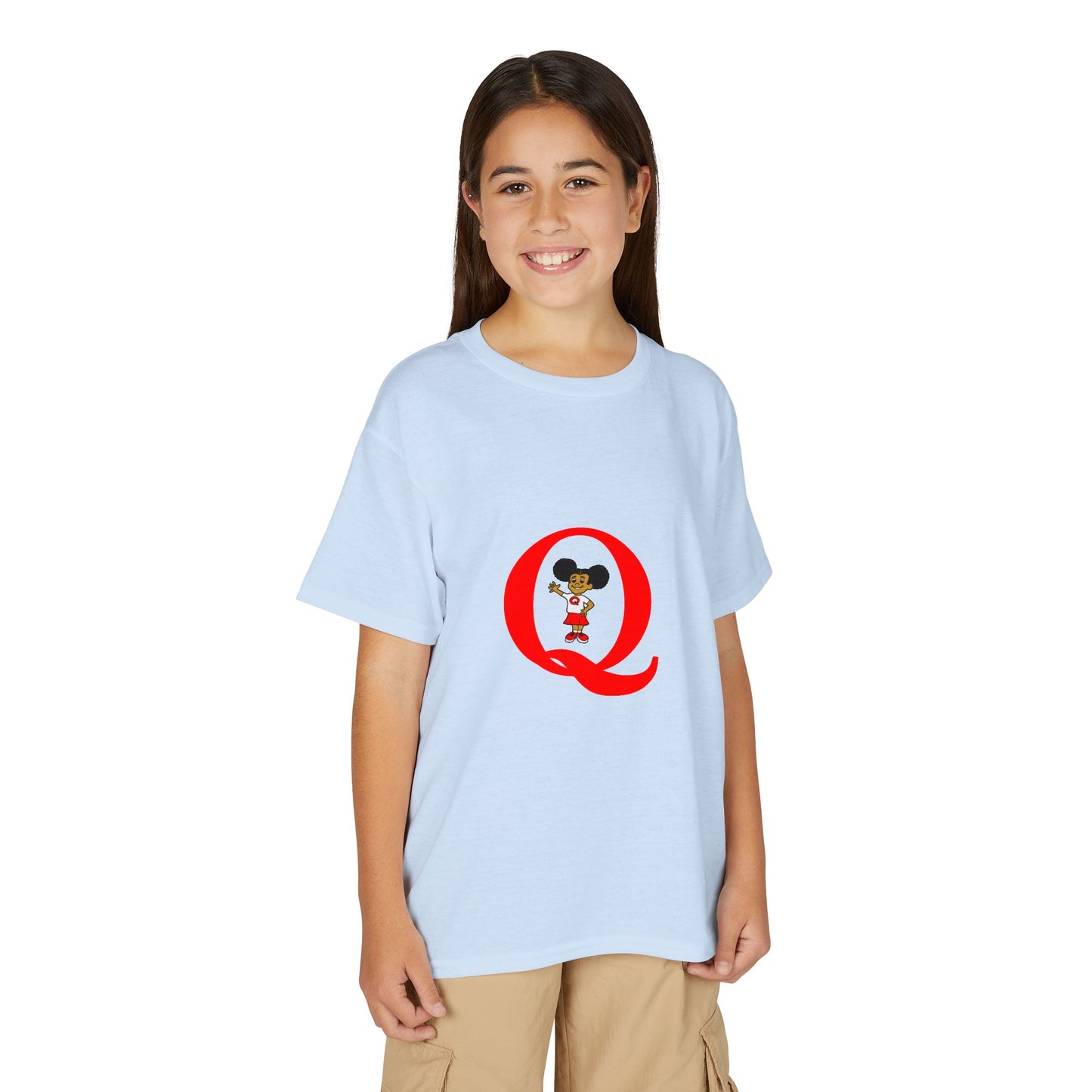 Youth T-Shirt — Red Letter "Q" with Cartoon Girl Graphic