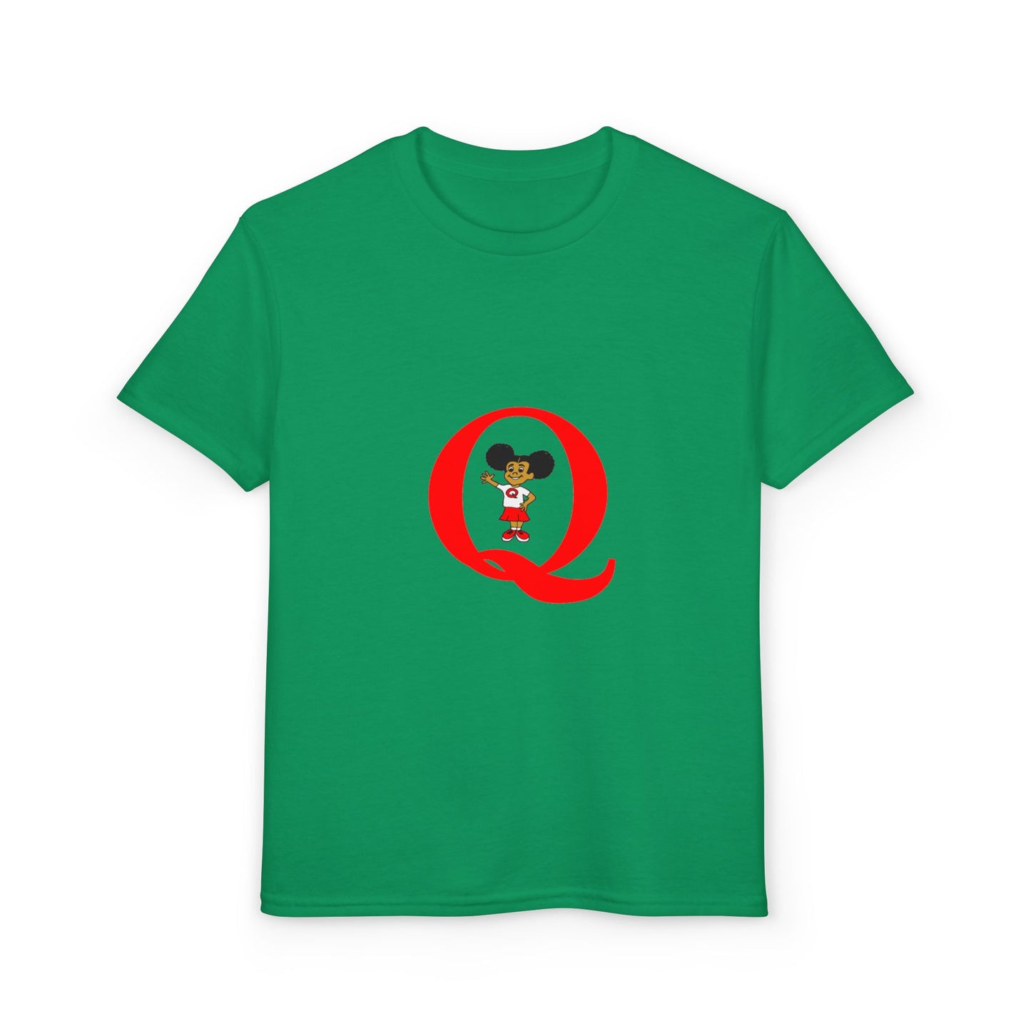 Youth T-Shirt — Red Letter "Q" with Cartoon Girl Graphic