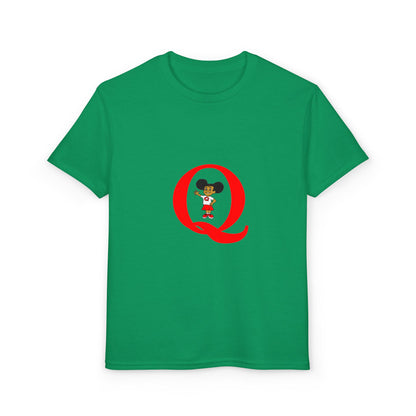 Youth T-Shirt — Red Letter "Q" with Cartoon Girl Graphic