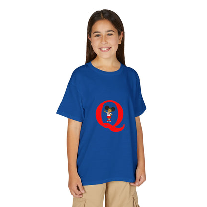 Youth T-Shirt — Red Letter "Q" with Cartoon Girl Graphic