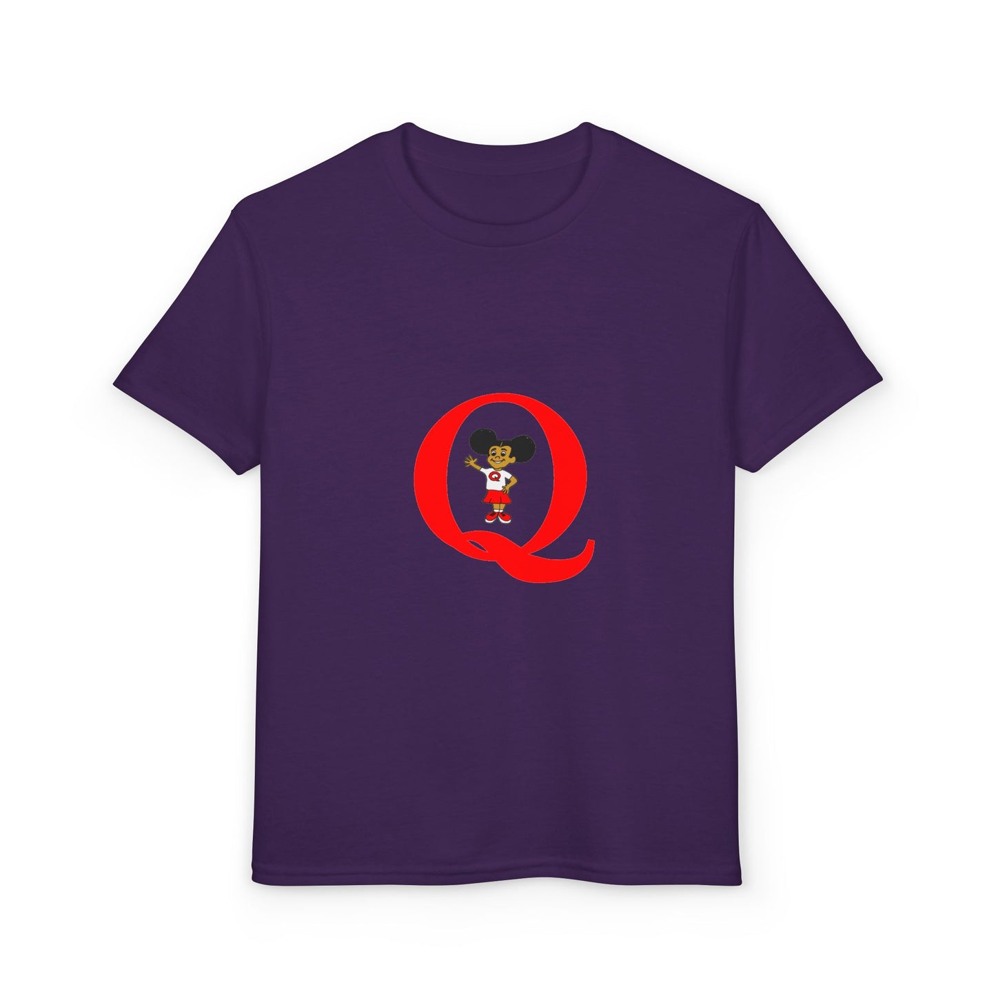 Youth T-Shirt — Red Letter "Q" with Cartoon Girl Graphic