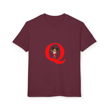 Youth T-Shirt — Red Letter "Q" with Cartoon Girl Graphic