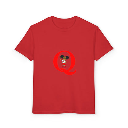 Youth T-Shirt — Red Letter "Q" with Cartoon Girl Graphic