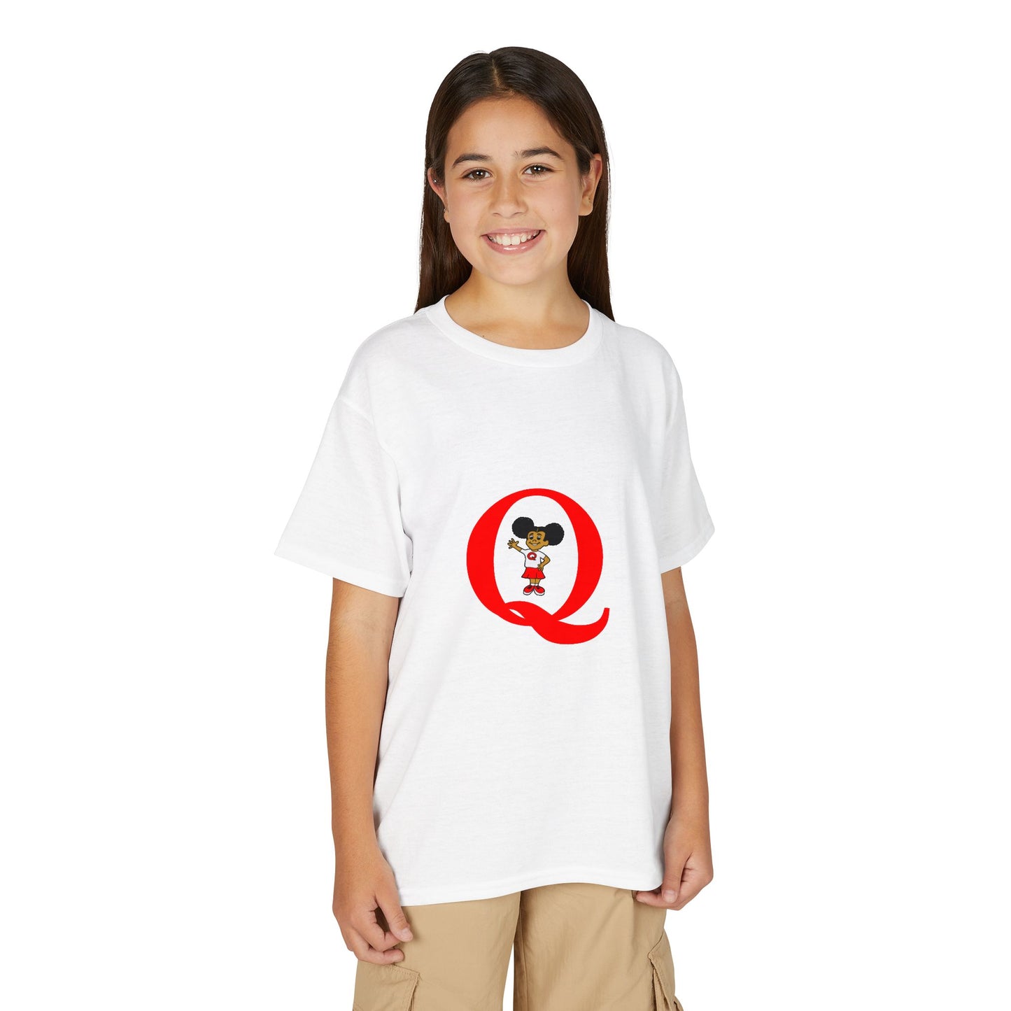 Youth T-Shirt — Red Letter "Q" with Cartoon Girl Graphic