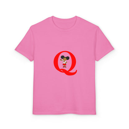 Youth T-Shirt — Red Letter "Q" with Cartoon Girl Graphic