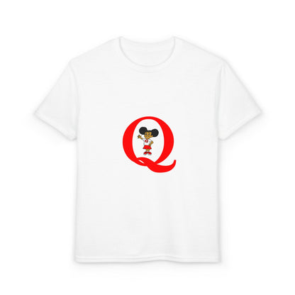 Youth T-Shirt — Red Letter "Q" with Cartoon Girl Graphic