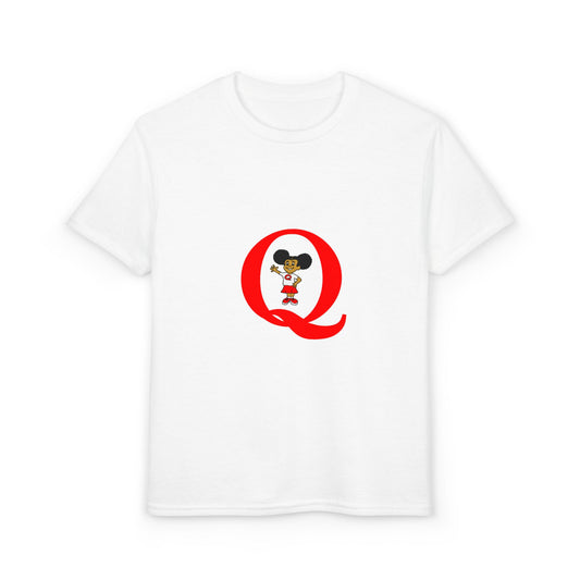 Youth T-Shirt — Red Letter "Q" with Cartoon Girl Graphic