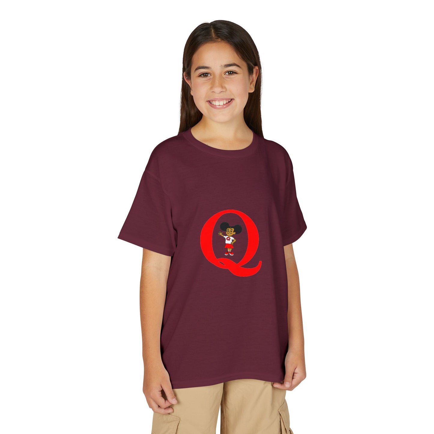 Youth T-Shirt — Red Letter "Q" with Cartoon Girl Graphic