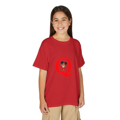 Youth T-Shirt — Red Letter "Q" with Cartoon Girl Graphic