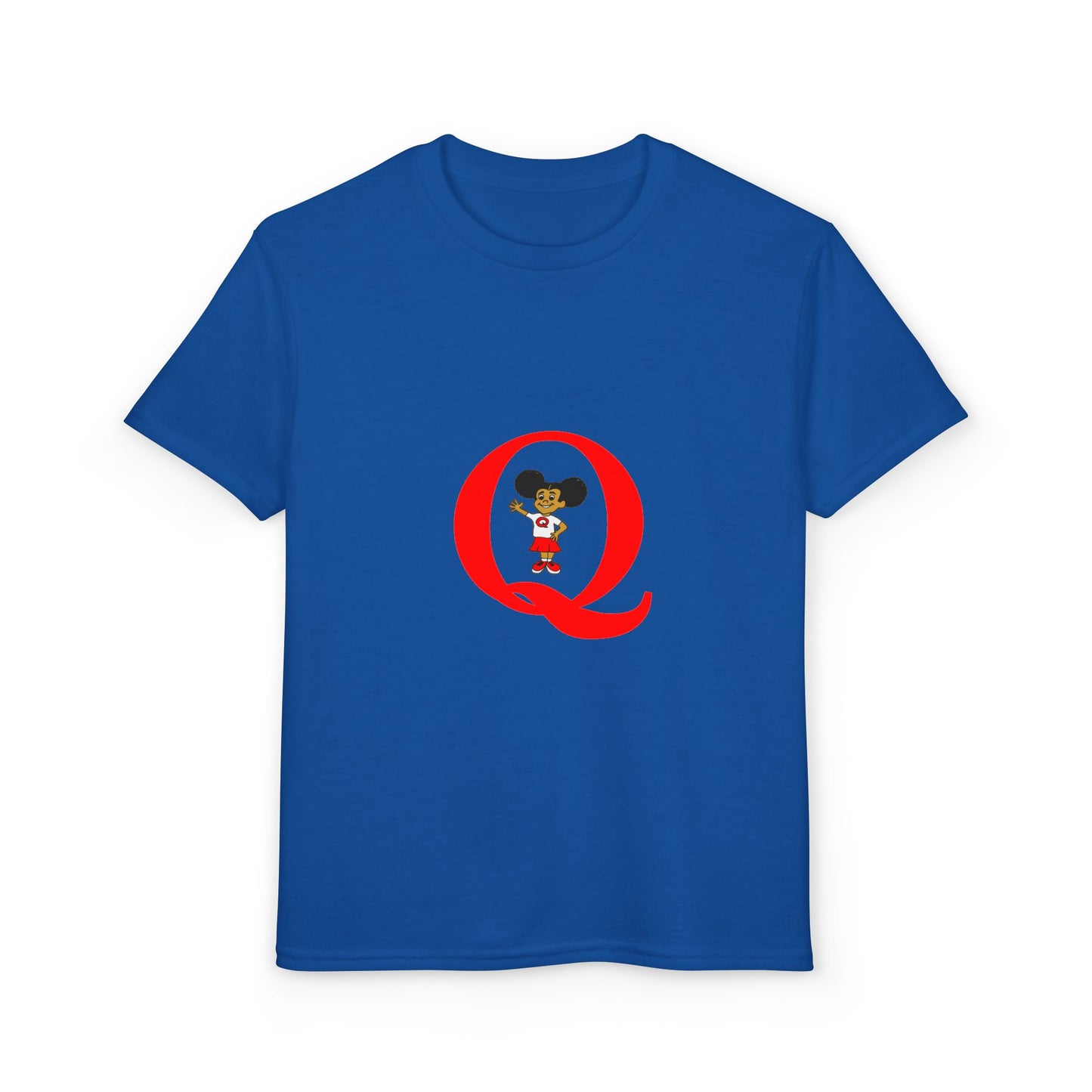 Youth T-Shirt — Red Letter "Q" with Cartoon Girl Graphic