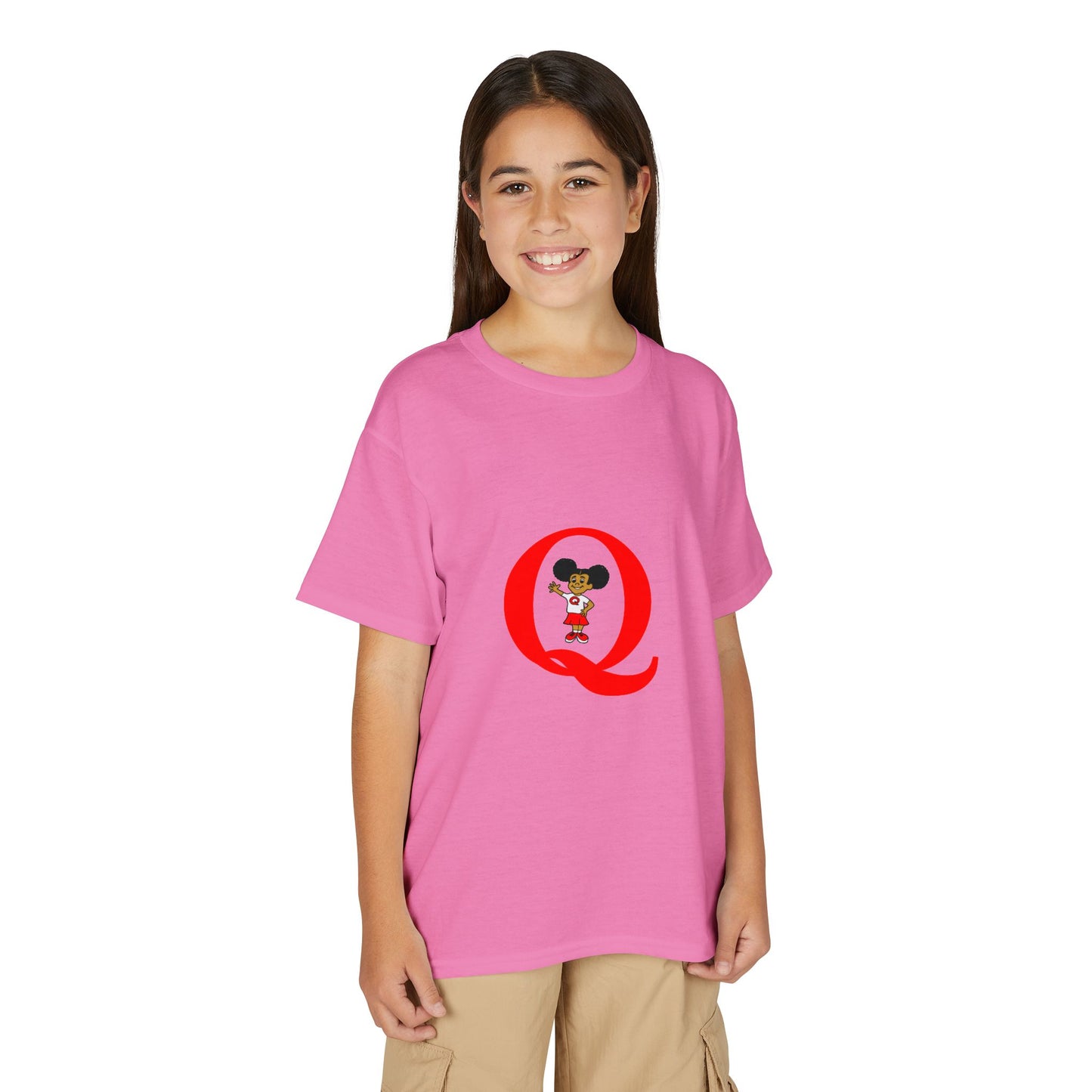 Youth T-Shirt — Red Letter "Q" with Cartoon Girl Graphic