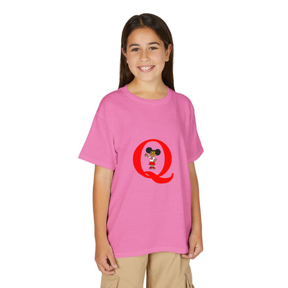 Youth T-Shirt — Red Letter "Q" with Cartoon Girl Graphic