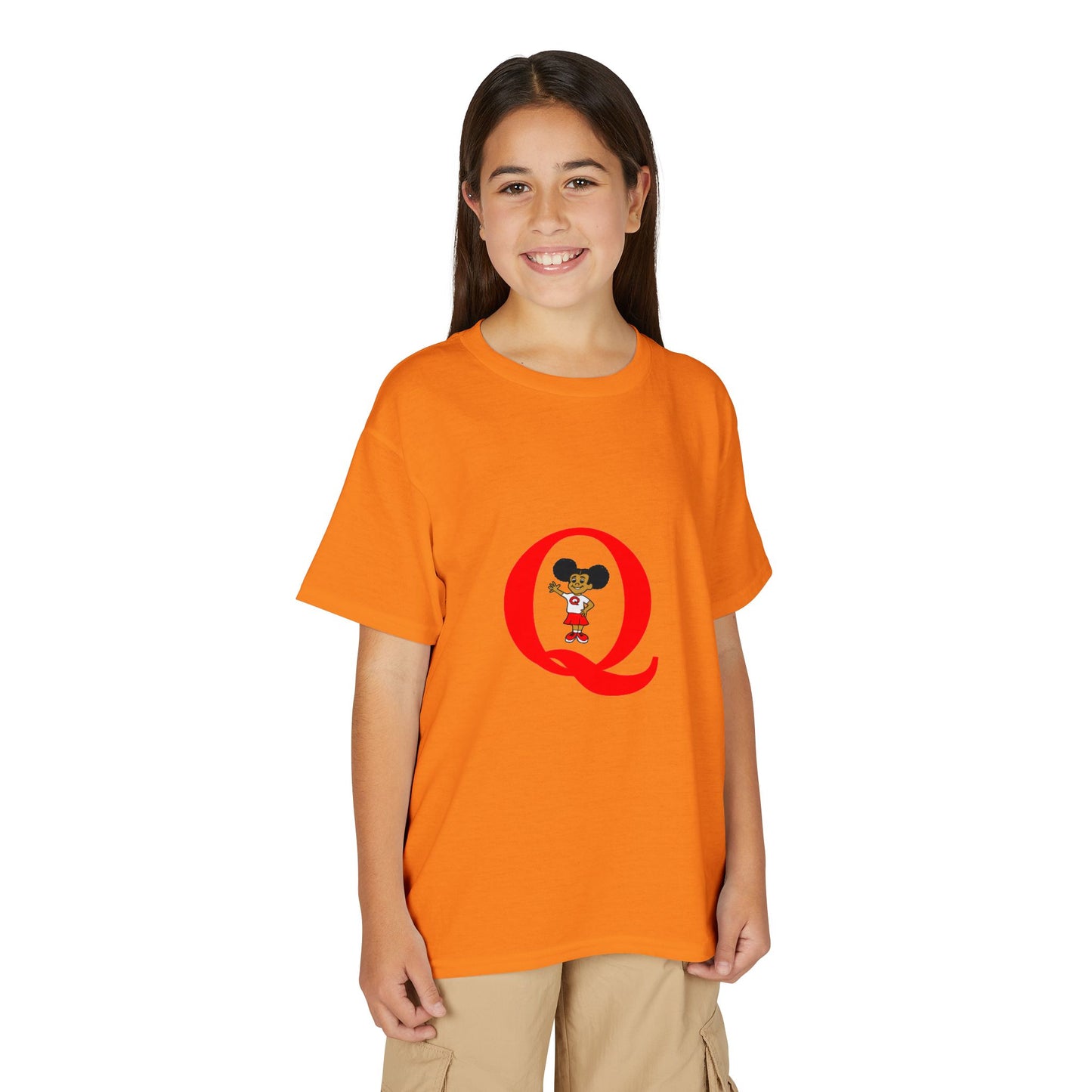 Youth T-Shirt — Red Letter "Q" with Cartoon Girl Graphic