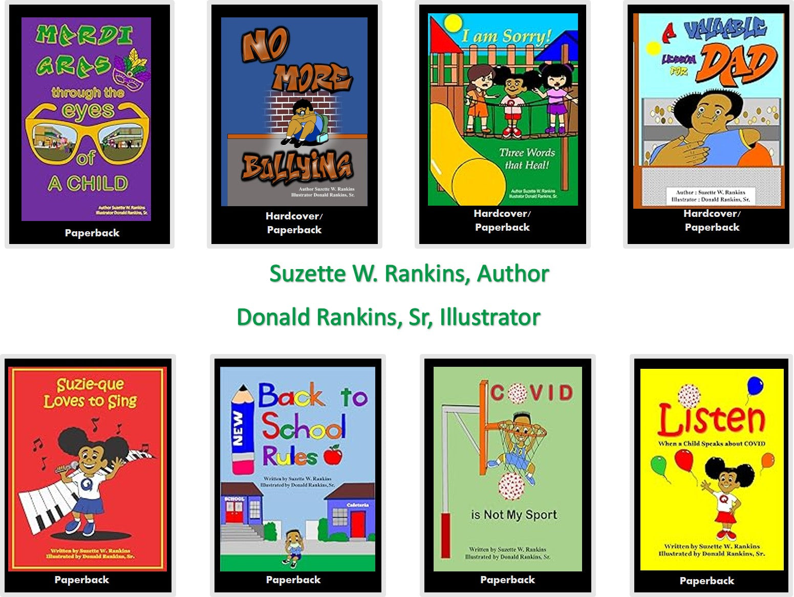Eight children's books by Suzette W. Rankins, illustrated by Donald Rankins, Sr.; formats are shown without fixed prices