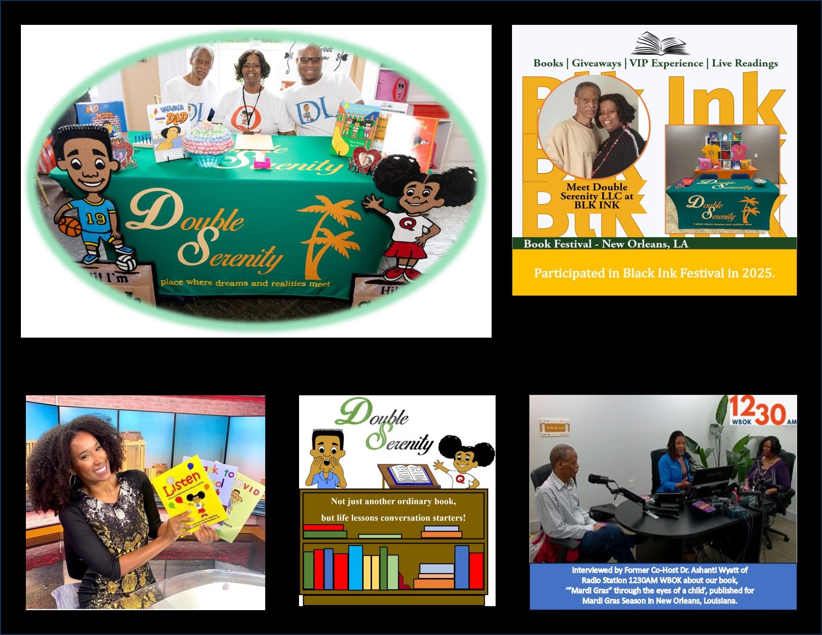 Double Serenity community collage featuring Donald and Suzette Rankins, their book display, a Black Ink Book Festival appearance, and television and radio interviews